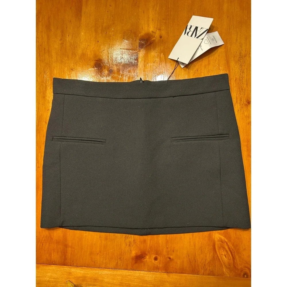 Zara Black Mini Skirt Join Life Tailored Welt Pockets Size S Office Siren NEW - Picture 4 of 10
